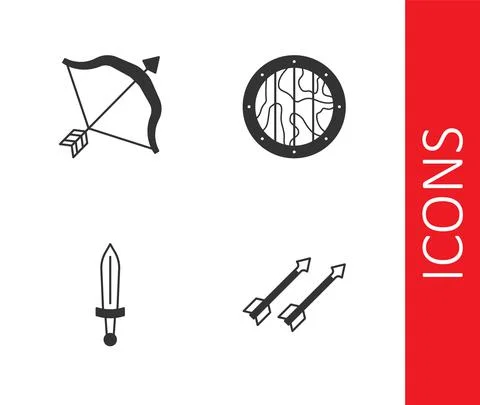 Set Medieval arrows, bow and, sword and Round wooden shield icon. Vector Stock Illustration