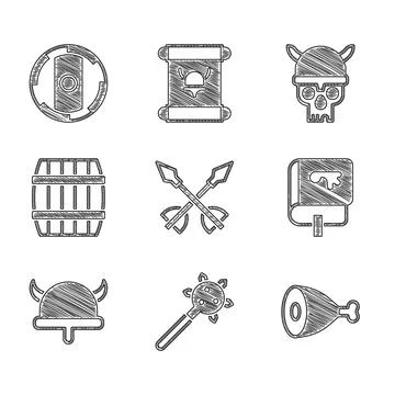 Set Medieval arrows, Mace with spikes, Chicken leg, Viking book, horned hel.. Stock Illustration