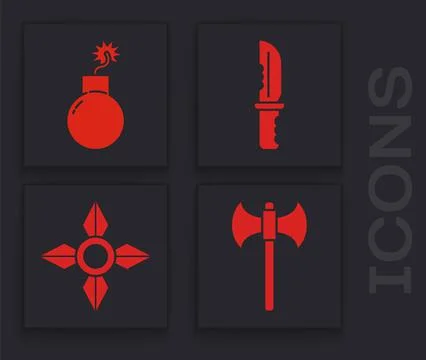 Set Medieval axe, Bomb ready to explode, Military knife and Japanese ninja sh Illustrazione stock
