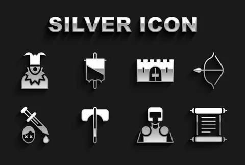 Set Medieval axe, bow and arrow, Decree, parchment, scroll, knight, Sword with Illustrazione stock