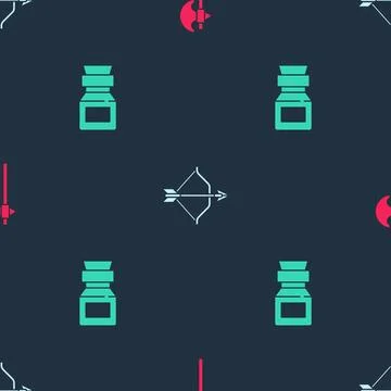 Set Medieval axe, bow and arrow and Poison in bottle on seamless pattern. Vec Illustrazione stock