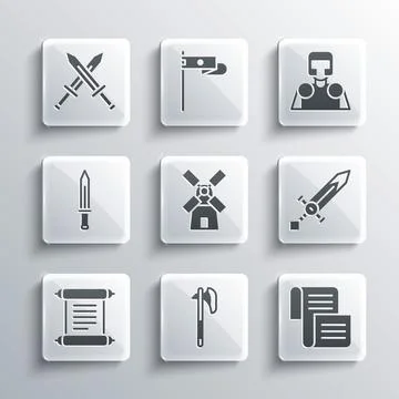Set Medieval axe, Decree, parchment, scroll, sword, Windmill, Crossed medieval Stock Illustration
