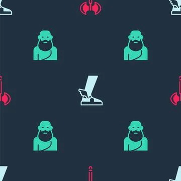 Set Medieval axe, Hermes sandal and Socrates on seamless pattern. Vector Stock Illustration