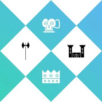 Set Medieval axe, King crown, Cup from the skull and Castle icon. Vector Ilustración de archivo
