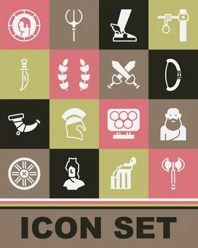 Set Medieval axe, Socrates, bow, Hermes sandal, Laurel wreath, Dagger, Ancient Stock Illustration