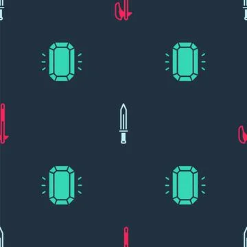Set Medieval axe, sword and Diamond on seamless pattern. Vector Illustrazione stock