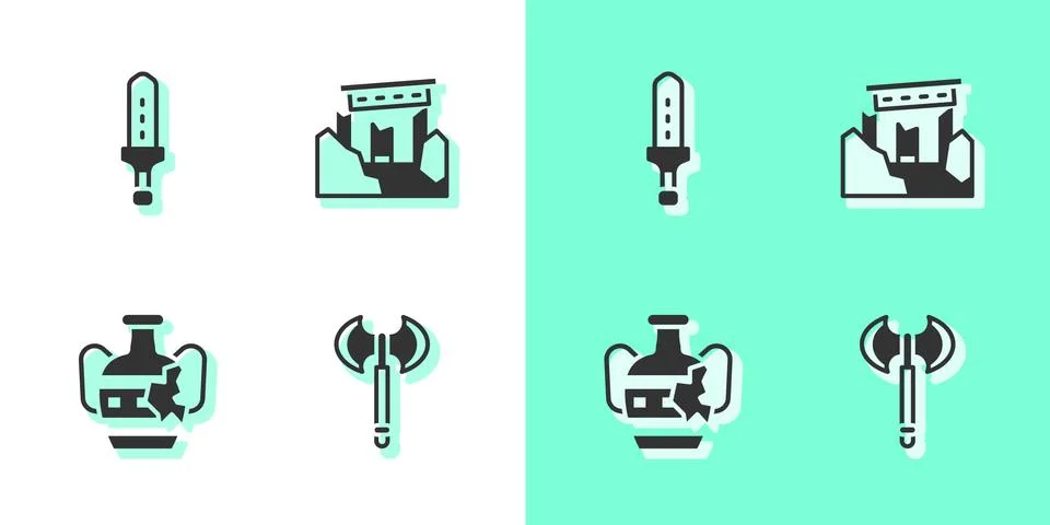Set Medieval axe, sword, Broken amphorae and Ancient ruins icon. Vector Ilustración de archivo