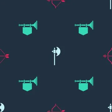 Set Medieval bow and arrow, axe and Trumpet with flag on seamless pattern Stock Illustration