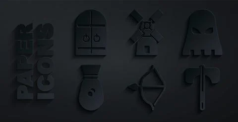 Set Medieval bow and arrow, Executioner mask, Old money bag, axe, Windmill and Stock Illustration