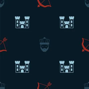 Set Medieval bow and arrow, King with crown and Castle on seamless pattern Illustrazione stock