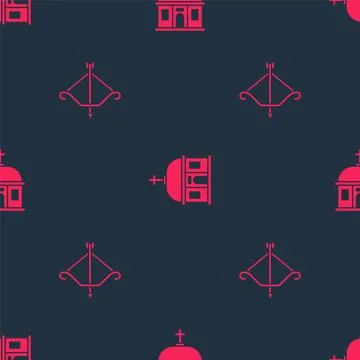 Set Medieval bow with arrow and Santorini building on seamless pattern. Vector Illustrazione stock