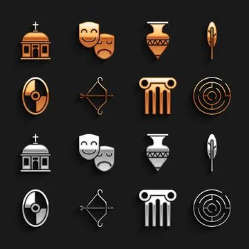 Set Medieval bow with arrow, Feather pen, Minotaur labyrinth, Ancient column Ilustración de archivo