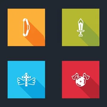 Set Medieval bow, Sword for game, Christian cross and shield with axe icon... Illustration