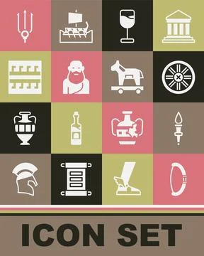 Set Medieval bow, Torch flame, Old wooden wheel, Wine glass, Socrates, Ancient イラスト素材