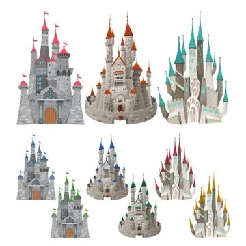 Set of medieval castles in different colors. Stock Illustration