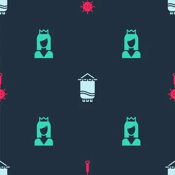 Set Medieval chained mace ball, flag and Princess on seamless pattern. Vector Illustrazione stock