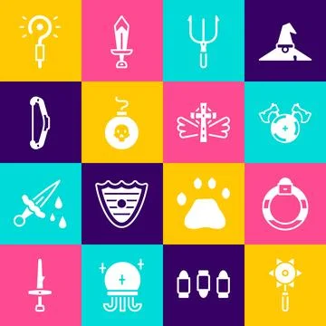 Set Medieval chained mace ball, Magic stone ring, shield with axe, Neptune .. Stock Illustration