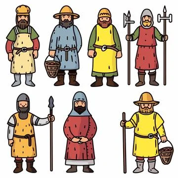 Set medieval characters, various medieval professions depicted. Illustration Stock Illustration