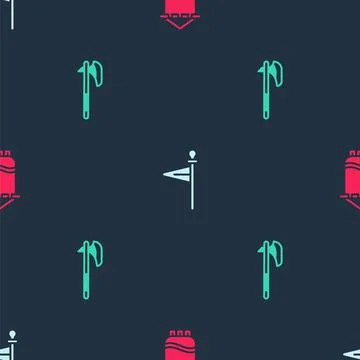 Set Medieval flag, and axe on seamless pattern. Vector Stock Illustration