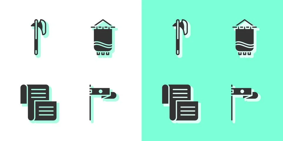 Set Medieval flag, axe, Decree, parchment, scroll and icon. Vector 스톡 일러스트