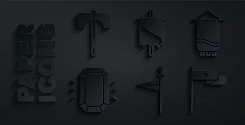Set Medieval flag, Diamond, and axe icon. Vector Illustrazione stock