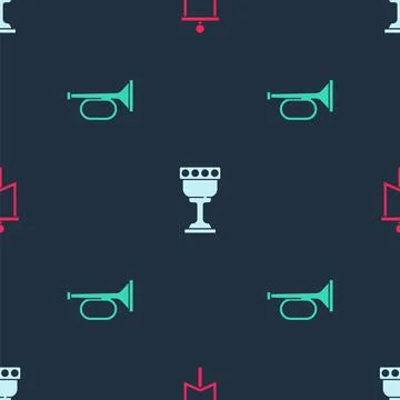 Set Medieval flag, goblet and Trumpet on seamless pattern. Vector Illustrazione stock