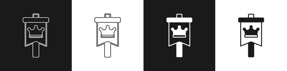 Set Medieval flag icon isolated on black and white background. Country, state Stock Illustration