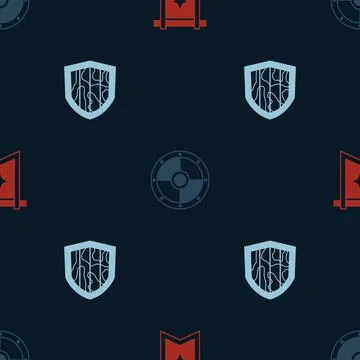 Set Medieval flag, Round shield and Shield on seamless pattern. Vector Stock Illustration