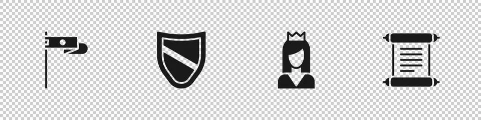 Set Medieval flag, Shield, Princess and Decree, parchment, scroll icon. Vector Illustrazione stock