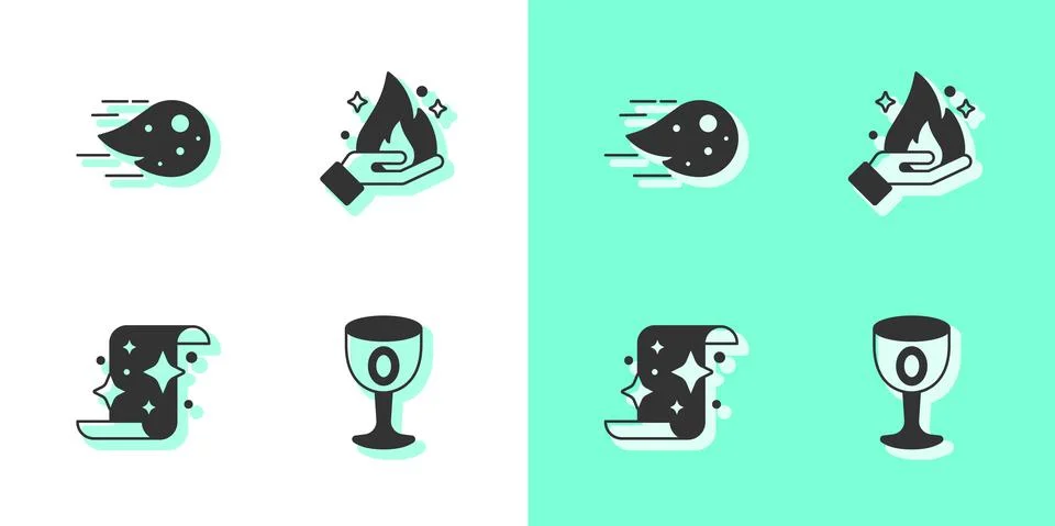 Set Medieval goblet, Fireball, Magic scroll and Hand holding fire icon. Vector Illustrazione stock