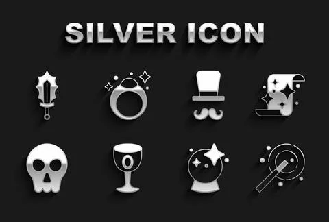 Set Medieval goblet, Magic scroll, wand, ball, Skull, Magician, sword in fi.. Ilustración de archivo