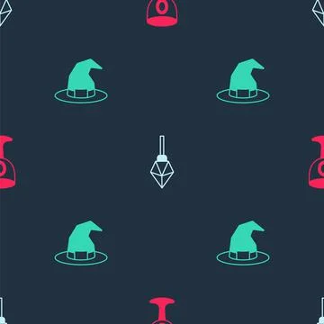 Set Medieval goblet, Magic stone and Witch hat on seamless pattern. Vector Illustrazione stock