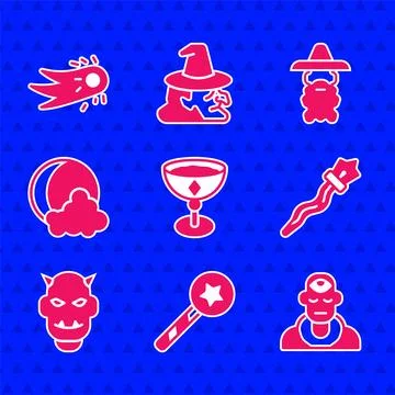 Set Medieval goblet, Magic wand, Wizard warlock, staff, Mask of the devil with Stock Illustration
