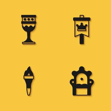 Set Medieval goblet, throne, Torch flame and flag icon with long shadow. Vector Stock Illustration