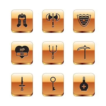 Set Medieval helmet, Dagger, Old key, Neptune Trident, Video game bar, Shield Illustrazione stock