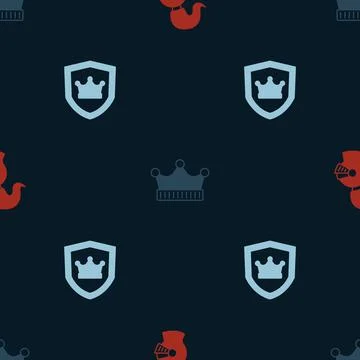 Set Medieval helmet, King crown and Shield with on seamless pattern. Vector Stock Illustration