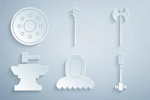 Set Medieval hood, axe, Anvil for blacksmithing hammer, Torch flame, chaine.. Stock Illustration