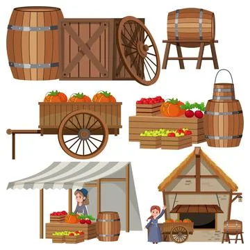 Set of medieval house and object cartoon Illustrazione stock