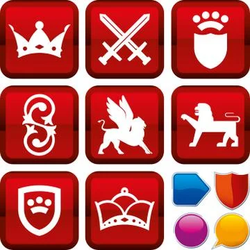 Set of medieval icons on square buttons. Geometric style. Stock Illustration