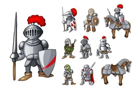 Set of medieval knight characters standing in different poses isolated on white Stock Illustration