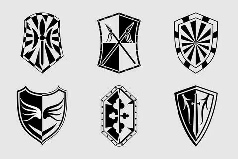 Set of Medieval Knight Shields and Heraldic Emblems, Black and White Vector Illustrazione stock