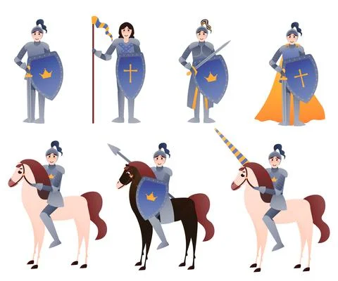 Set of medieval knights with different objects in cartoon style, armours holding イラスト素材