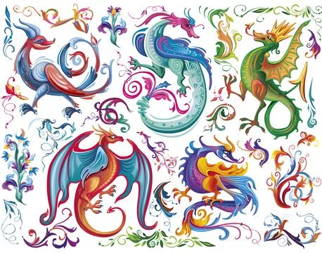 Set of medieval mythical creatures, Illuminati manuscript inspiration Stock Illustration