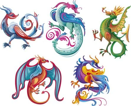 Set of medieval mythical creatures Stock Illustration