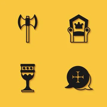 Set Medieval poleaxe, Crusade, goblet and throne icon with long shadow. Vector Stock Illustration