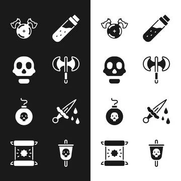 Set Medieval poleaxe, Skull, shield with, Bottle potion, Bomb ready to explode 스톡 일러스트