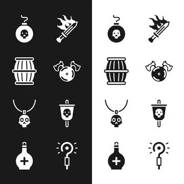 Set Medieval shield with axe, Gun powder barrel, Bomb ready to explode, Sword Illustrazione stock