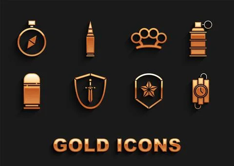 Set Medieval shield with sword, Hand grenade, dynamite stick timer clock, Police Stock Illustration