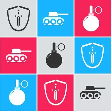 Set Medieval shield with sword, Military tank and Hand grenade icon. Vector Stock Illustration