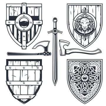 Set of medieval shields with celtic pattern and ornaments, knight armor, chiv Stock Illustration